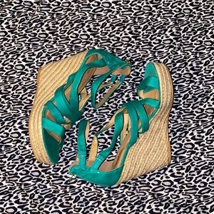 Just Fab US9 EUR40 green strappy back zipper wedges, pre loved.